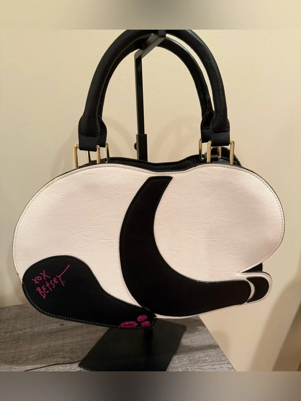 Betsey Johnson Panda Satchel Crossbody Bag Pom Pom Novelty Purse Black White - Picture 4 of 16